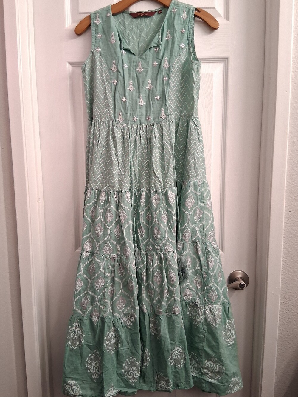 Sage Green Boho Dress XS With Mirror Accents